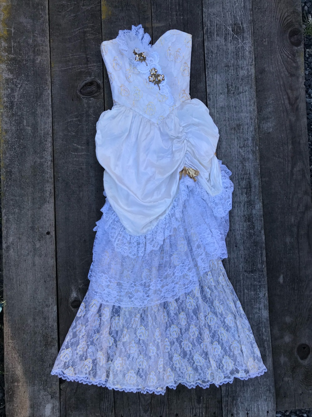 VTG 80s Loralie Strapless Ivory and Gold Satin and Lace Tiered Sequined Dress XS
